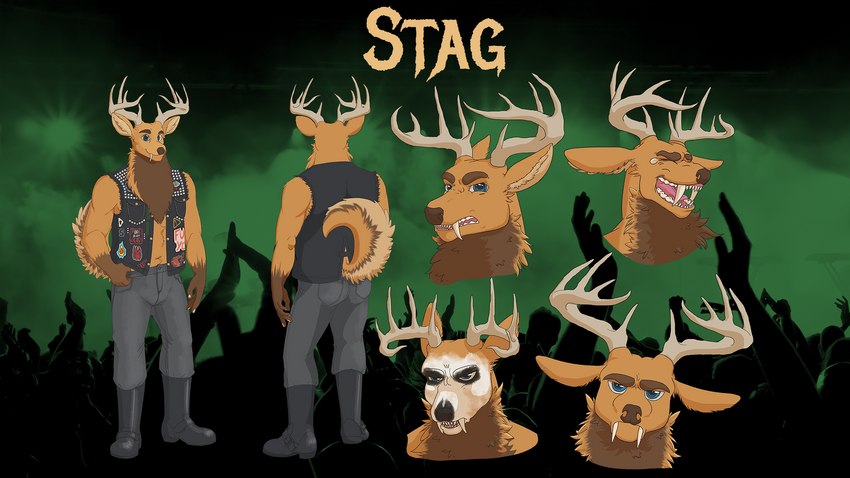 anthro antlers blue_eyes bodypaint boots bottomwear clothed clothing corpse_paint curled_tail denim denim_bottomwear denim_clothing face_paint fangs footwear fur green_background horn jeans male name_tag orange_body orange_fur pants shirtless shirtless_male shoes simple_background solo tail teeth topwear vest anonymous_artist stag_leason cervine deer felid mammal staggon 16:9 hi_res model_sheet widescreen