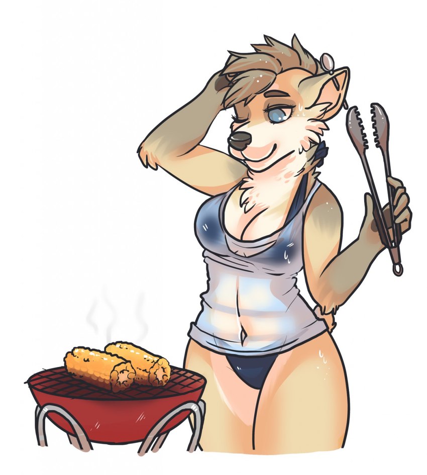 anthro barbecue big_breasts breasts clothing corn cutlery ear_piercing female food fur industrial_piercing kitchen_utensils nipples piercing plant shirt simple_background solo spoon tongs tools topwear translucent translucent_clothing wet wet_clothing wet_shirt wet_topwear glacebon spoonyfox frankie_(spoonyfox) canid canine canis domestic_dog mammal hi_res