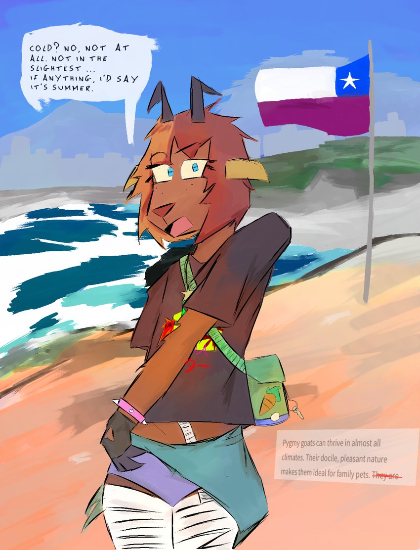 anthro bandage beach brown_body brown_fur chile chilean_flag city eyeliner female fur horizontal_pupils horn makeup mountain orange_body orange_fur pupils solo anonymous_artist bovid caprine goat humanoid mammal hi_res