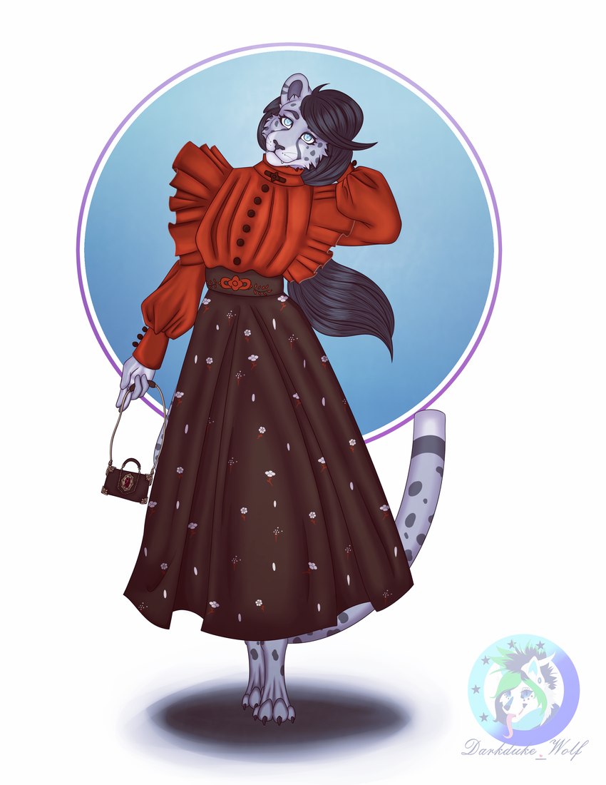 anthro bag black_hair blue_eyes bottomwear clothed clothing dress duo female hair handbag long_hair markings skirt spots spotted_body wristlet_(bag) darkdukewolf felid mammal pantherine snow_leopard absurd_res hi_res