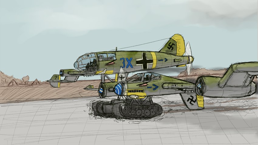 aircraft airfield airplane ambiguous_gender camo conjoined conjoined_twins feral jet luftwaffe machine propeller pupils red_eyes sepia_background sharp_teeth slit_pupils solo swastika tank_treads teeth vehicle world_war_2 badday_(artist) dire_aircraft dire_machine dire_vehicle living_aircraft living_machine living_vehicle 16:9 4k absurd_res hi_res widescreen