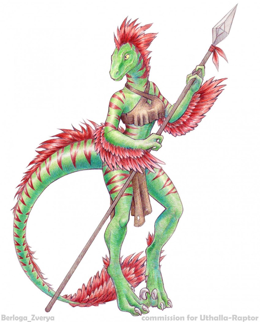 3_fingers 4_toes anthro big_tail biped bottomwear breasts brown_bottomwear brown_clothing brown_loincloth brown_topwear clothed clothing dewclaw feather_hair feather_mane feathered_arms feathered_tail feathers feet female fingers front_view fully_clothed green_body holding_melee_weapon holding_object holding_polearm holding_spear holding_weapon loincloth long_tail medium_breasts melee_weapon midriff non-mammal_breasts polearm pseudo_hair pseudo_mane pupils red_body red_feather_hair red_feathers red_pseudo_hair red_stripes simple_background skimpy slit_pupils smile snout solo spear standing striped_body stripes tail tail_tuft text thick_tail toes topwear tuft weapon white_background yellow_sclera berloga_zverya uthalla dinosaur dromaeosaurid prehistoric_species reptile scalie theropod velociraptor 2020 artist_name colored_pencil_(artwork) english_text hi_res traditional_media_(artwork)