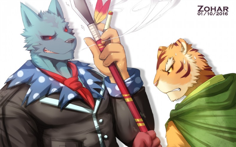 anthro bodily_fluids cigarette clothed clothing duo for_a_head male melee_weapon polearm smoking spear sweat weapon zoharwolf dingaling_productions lisa_the_joyful lisa_the_painful big_lincoln tiger_man_(lisa) animal_head animal_humanoid canid canine canis cynocephalus felid humanoid mammal pantherine tiger wolf 16:10 widescreen