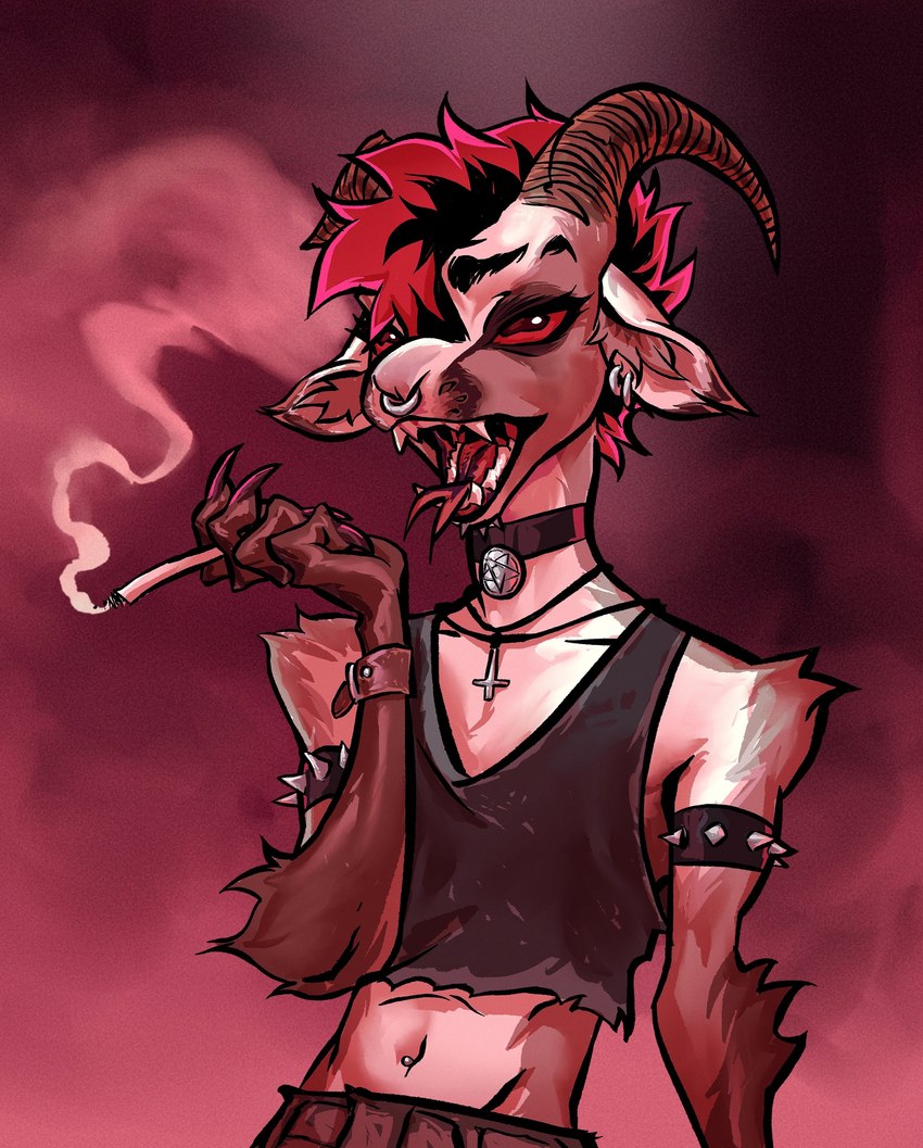 anthro armband cigarette claws clothed clothing collar crop_top cross facial_piercing forked_tongue fur goat_ears hair highlights_(coloring) horizontal_pupils horn inverted_cross looking_at_viewer male midriff navel nose_piercing occult_symbol open_mouth pentagram piercing pupils red_background red_eyes red_hair red_highlights sharp_teeth shirt simple_background smoke smoke_background smoking solo spiked_armband spikes symbol teeth tongue tongue_out topwear maxspite bovid caprine demon goat mammal 2023 absurd_res digital_media_(artwork) hi_res red_theme