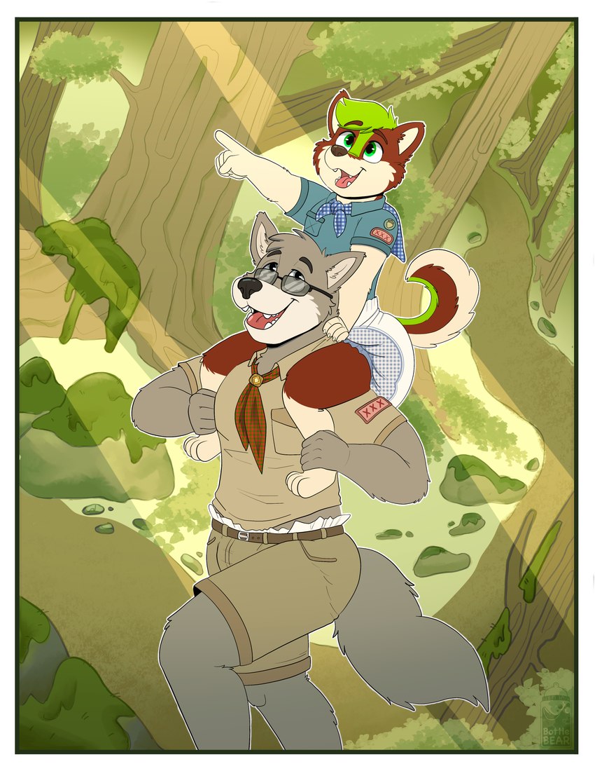 abdl bfc border camping carrying_on_shoulders ck clothed clothing cub_scouts day detailed_background diaper diaper_peekage diaper_under_clothing forest fully_clothed fur grey_body grey_fur male on_another's_shoulders outside plant scout_uniform sitting_on_shoulders trail tree walking wearing_diaper white_border young bottlebear flak canid canine canis mammal wolf absurd_res flat_colors hi_res father_(lore) father_and_child_(lore) father_and_son_(lore) parent_(lore) parent_and_child_(lore) parent_and_son_(lore) son_(lore)