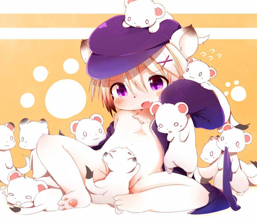 accessory ambiguous_gender anthro anus background_signs blue_eyes blush clothed clothing female female/ambiguous feral flat_chested footprint fur genitals group hair hair_accessory hat headgear headwear loli partially_clothed pawprint purple_eyes pussy solo_focus spread_legs spreading white_body white_fur white_hair x_anus young young_ambiguous young_anthro young_female young_feral ne_(nefuraito336) mammal mustelid musteline stoat true_musteline weasel