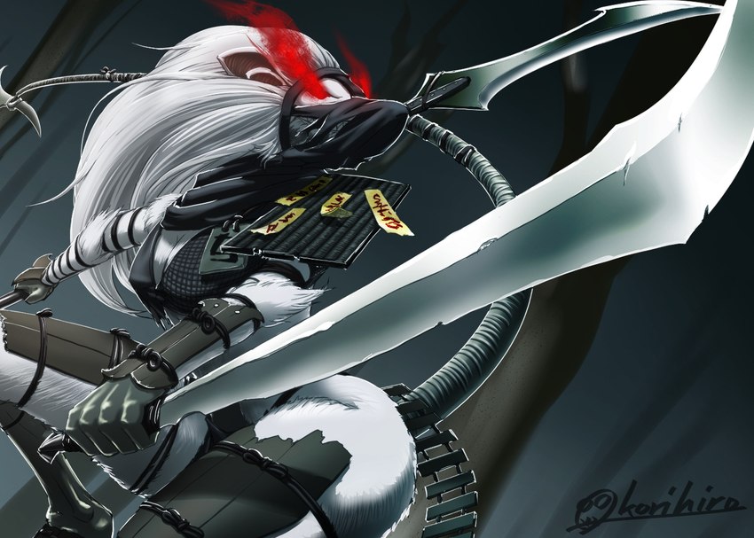 5_fingers action_pose anthro arm_tuft armor biped bracers breasts butt cleavage closed_smile clothed clothing dual_wielding elbow_tuft evil_grin female fingers front_view fully_clothed fur glaive glowing glowing_eyes grin hair holding_melee_weapon holding_object holding_polearm holding_sword holding_weapon leg_armor looking_at_viewer looking_down looking_down_at_viewer low-angle_view mask medium_breasts melee_weapon monotone_body monotone_fur monotone_hair mouth_closed pauldron polearm pose red_eyes scarf sharp_teeth side_butt skimpy smile solo sword tail tail_wraps teeth topwear tuft unconvincing_armor weapon weapon_tail white_body white_fur white_hair wide_hips wraps korihiro hasbro magic:_the_gathering wizards_of_the_coast ink-eyes mammal murid murine nezumi_(magic:_the_gathering) rat rodent featureless_(disambiguation) 2021 portrait signature three-quarter_portrait