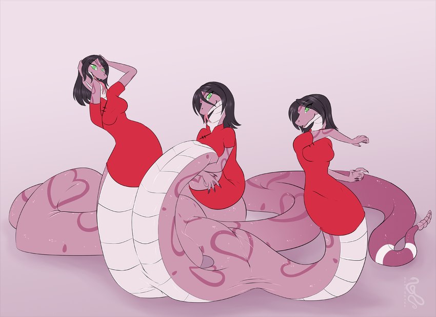 anthro apode black_hair breasts clothing dress female forked_tongue green_eyes group hair legless long_tail merging open_mouth pink_body pink_scales red_clothing red_dress scales serpentine simple_background smile tail tongue transformation trio sepisnake draconcopode naga scalie 2022 digital_media_(artwork)