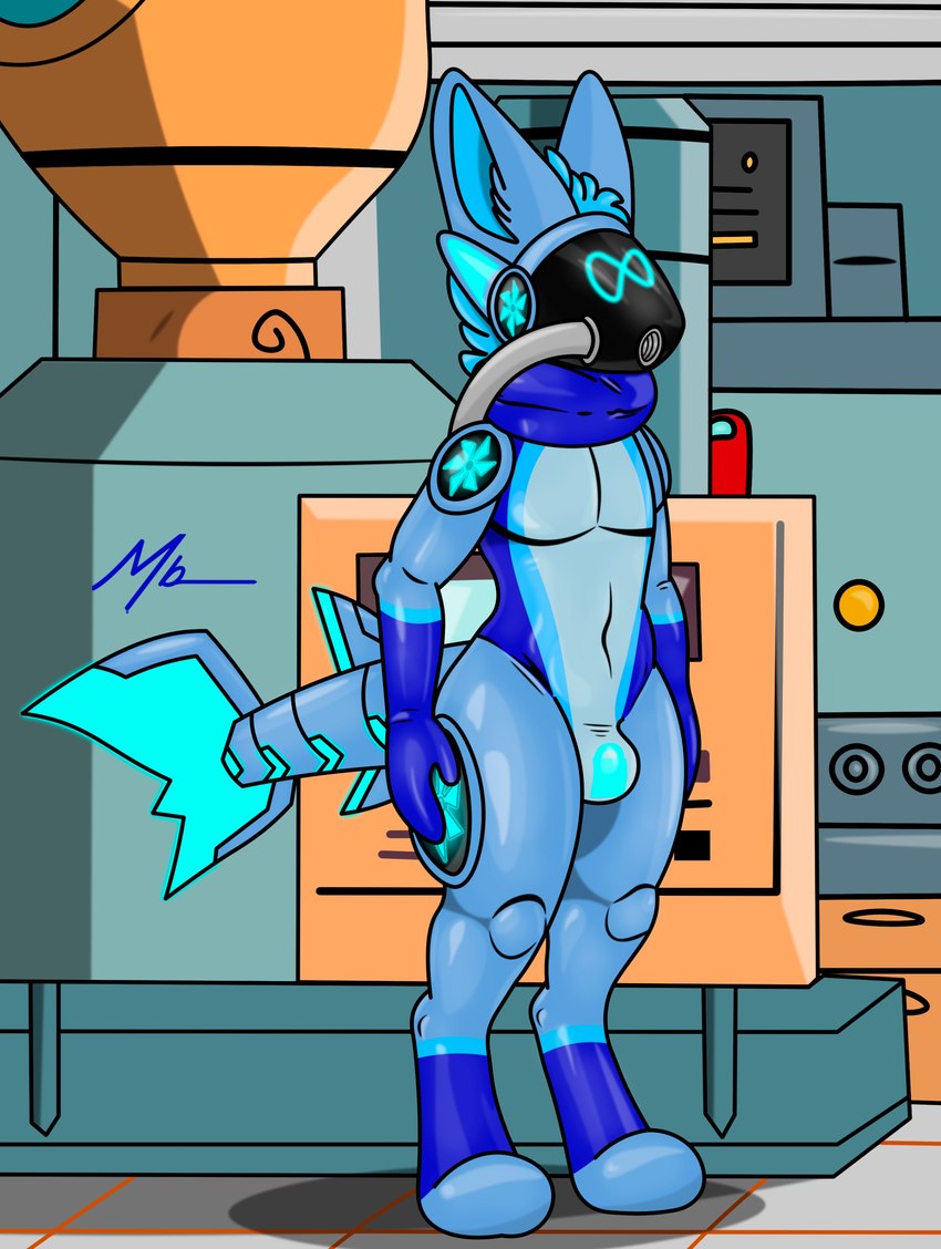 anthro clothing drone industrial_background latex latex_clothing machine male null_bulge reprogramming shark_tail solo blue_omega protogen robot absurd_res hi_res