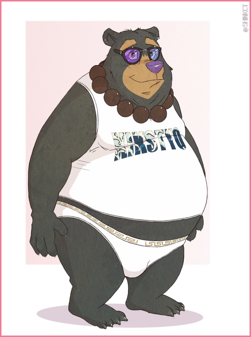 anthro belly big_belly black_body clothing eyewear glasses male overweight overweight_male shirt solo topwear underwear kcee versace bear mammal 2017 hi_res