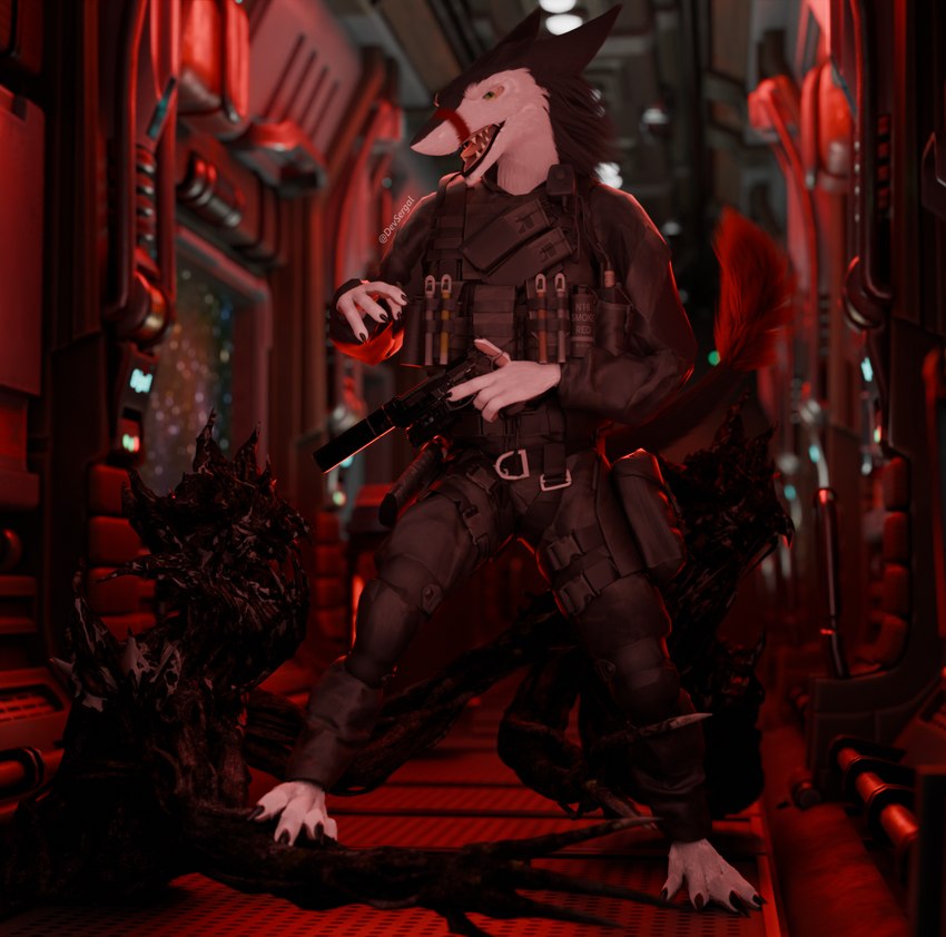 4_fingers 4_toes anthro armor barefoot claws clothed clothed_anthro clothing detailed_background feet fingers fluffy fluffy_tail gun male ranged_weapon realistic realistic_fur realistic_lighting realistic_shading solo tail toe_claws toes weapon devsergal capcom resident_evil sergal 3d_(artwork) digital_media_(artwork) hi_res