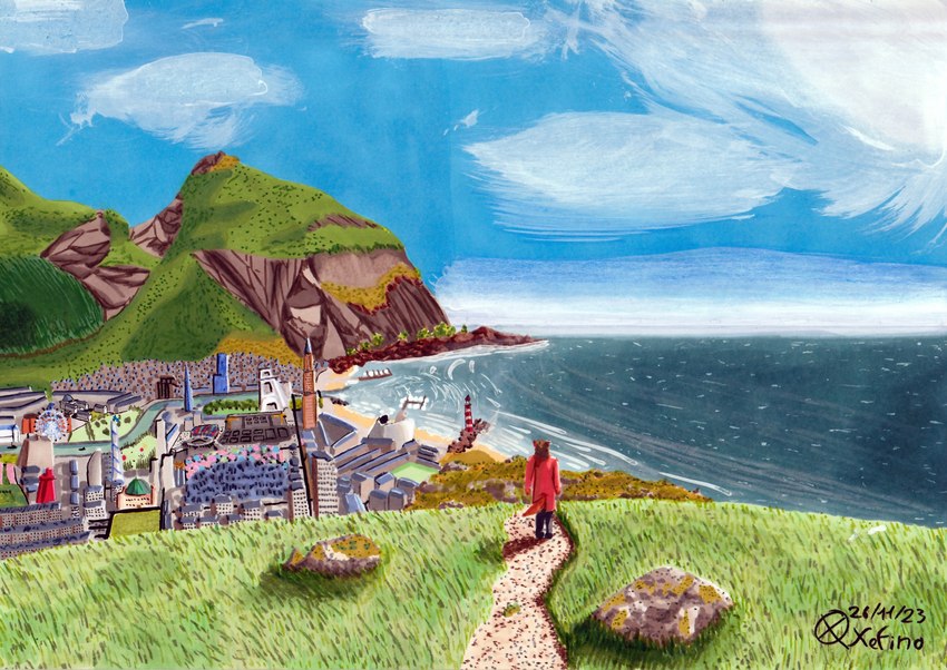 anthro beach black_clothing brown_hair building city clothed clothing cloud day detailed_background forest french_artist fur grass hair landscape landscape_background lighthouse littoral_(land) male mountain orange_body orange_fur outside plant port red_clothing river rock sea seaside sky skyscraper solo standing tree water wave xefino adrien_warmher canid canine canis fox hybrid mammal wolf 2023 absurd_res dated hi_res traditional_media_(artwork)