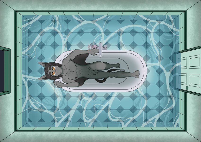 anthro bathroom bathtub door drain fangs faucet flaccid floor foreskin genitals hair long_hair looking_at_viewer male night nipples nude nude_male orange_eyes penis solo surrealism tail teeth tile tile_floor water window wings vesper_thee_bat vesper_thee_bat_(character) bat mammal 2024 hi_res