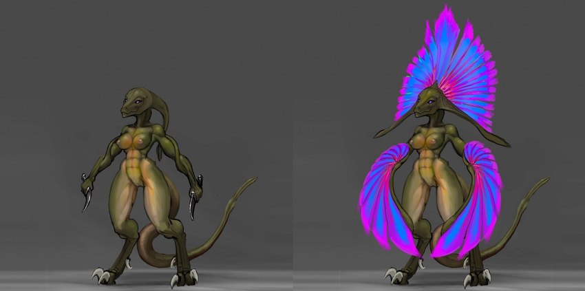 2_toes anthro arm_feathers breasts dewclaw digitigrade dual_wielding feather_hair feathered_crest feathers feet female genitals head_crest head_tentacle holding_knife holding_object holding_weapon knife long_tail muscular muscular_female navel nipples non-mammal_breasts non-mammal_nipples nude pinwheel pseudo_hair pussy solo standing tail talons tentacle_around_arm tentacles thick_thighs toes weapon meandraco pinwheel_(snekguy) snekguy alien reptile scalie valbaran multiple_images official_art