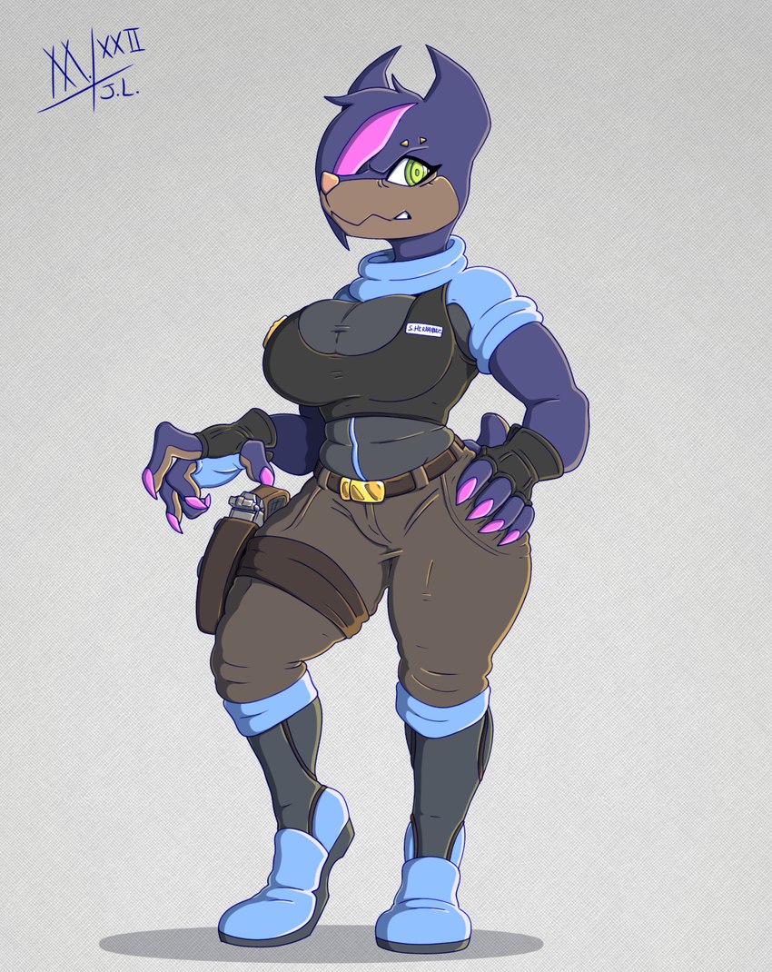 angry anthro big_breasts breasts clothing colored_nails eyebrow_piercing facial_piercing female green_eyes gun gun_holster highlights_(coloring) nails piercing pink_nails police police_uniform ranged_weapon solo thick_thighs uniform weapon meatboom copdog_(meatboom) canid canine canis dobermann domestic_dog mammal pinscher 2022 hi_res