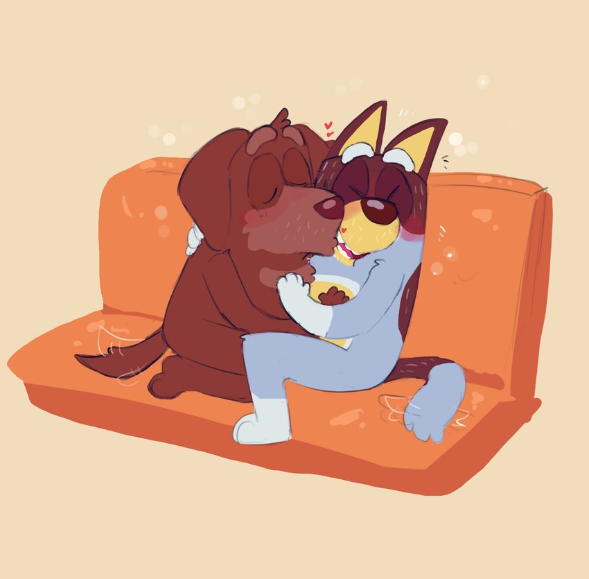 anthro black_body black_ears black_fur black_nose black_tail blue_body blue_fur blue_tail blush brown_body brown_ears brown_fur brown_nose brown_tail duo eyes_closed fur furniture hand_on_back hand_on_chest happy heart_symbol kissing kneeling kneeling_on_sofa love male male/male motion_lines multicolored_body multicolored_fur on_sofa romantic romantic_couple sitting sitting_on_sofa smile sofa tail tail_motion tailwag teeth tongue two_tone_body two_tone_fur two_tone_tail yellow_body yellow_fur shaibey bluey_(series) bandit_heeler fido_(bluey) australian_cattle_dog bird_dog canid canine canis cattledog domestic_dog herding_dog hunting_dog labrador mammal pastoral_dog retriever 2023 digital_media_(artwork) hi_res procreate_(artwork)