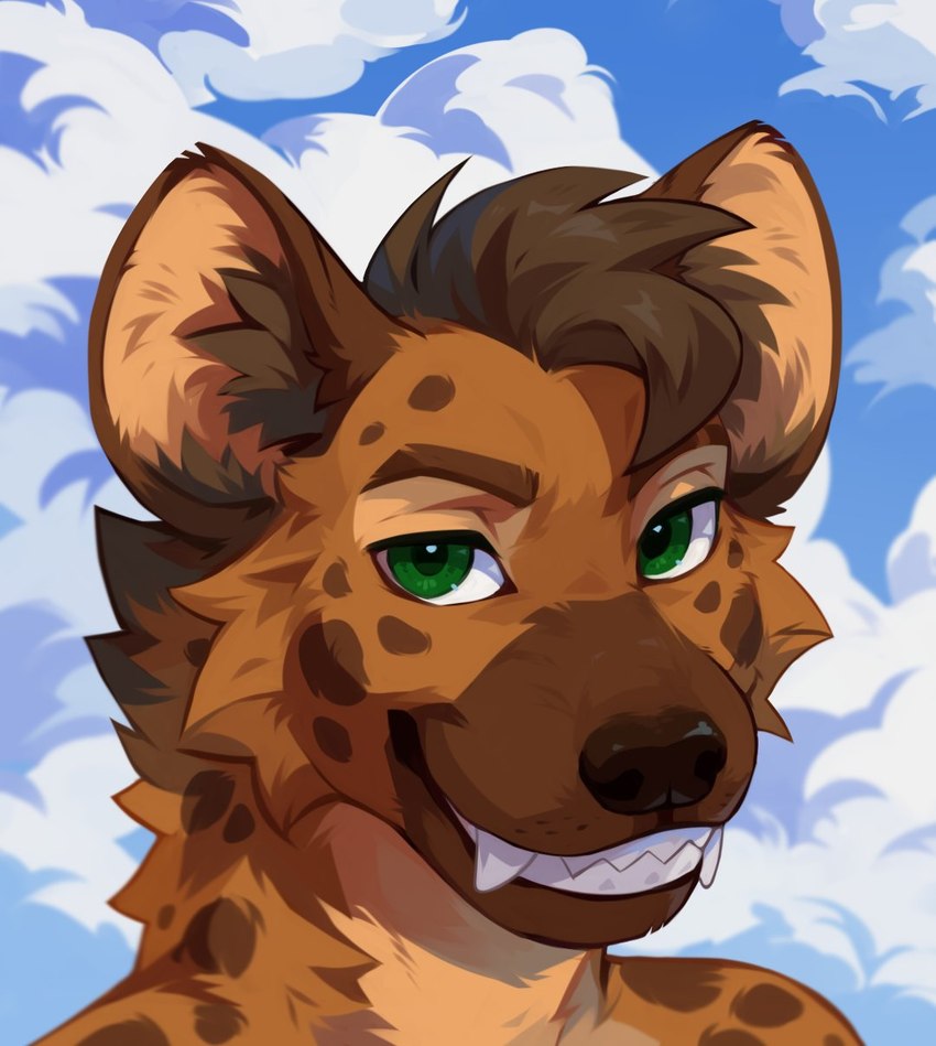 anthro blue_sky brown_hair brown_spots cloud facial_spots fangs fur glistening glistening_eyes green_eyes grin hair looking_at_viewer male markings neck_tuft orange_body orange_fur sky smile solo spots spotted_body spotted_face spotted_fur spotted_neck teeth tuft corzh77 hyena mammal bust_portrait hi_res portrait