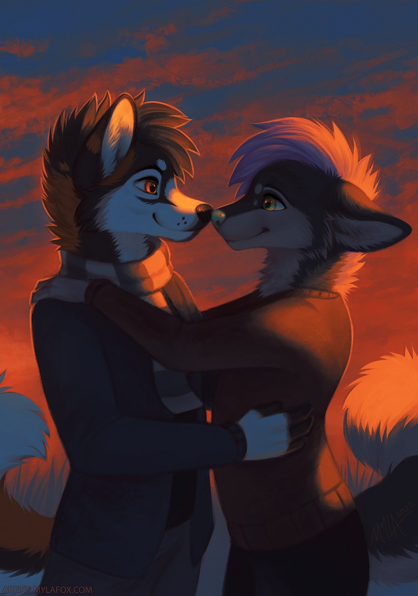 anthro clothed clothing duo dusk eye_contact gaze hand_on_shoulder hand_on_side hug light looking_at_another love male male/male romantic smile mylafox drakonal canid canine canis domestic_dog husky hybrid mammal nordic_sled_dog spitz wolf wolfdog 2022 hi_res lighting