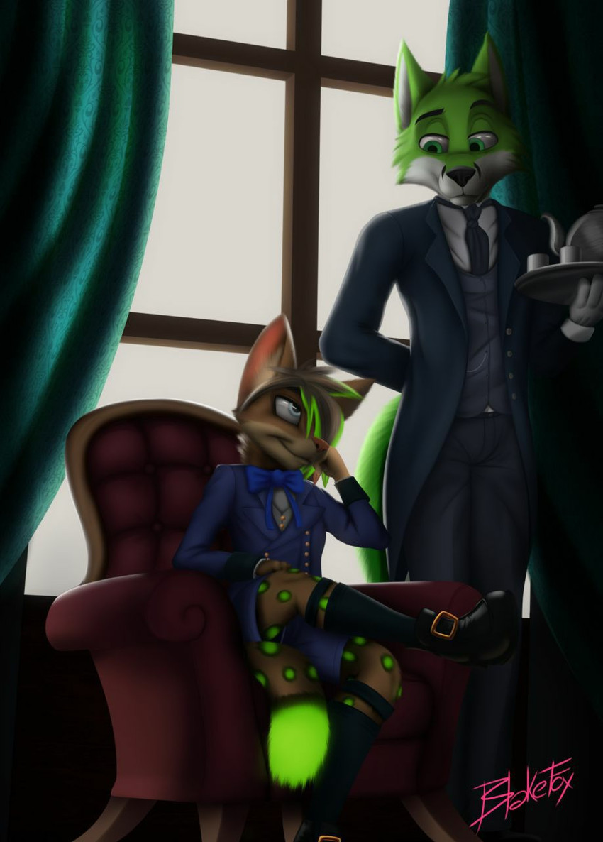 alternative_fashion anthro beverage black_nose blue_eyes bow_tie butler butler_position chair clothed clothing container cosplay cup curtains duo footwear fur furniture gloves glowing glowing_body glowing_fur glowing_markings green_body green_eyes green_fur hair handwear j-fashion male markings necktie ouji_(fashion) shirt shoes smile spots spotted_body suit tea tea_cup teapot topwear white_body white_clothing white_fur white_gloves white_handwear window blakefox black_butler ciel_phantomhive elijah_ferrel fidget_the_fox sebastian_michaelis canid canine domestic_cat felid feline felis fox mammal mixed_breed savannah_cat digital_media_(artwork) hi_res signature