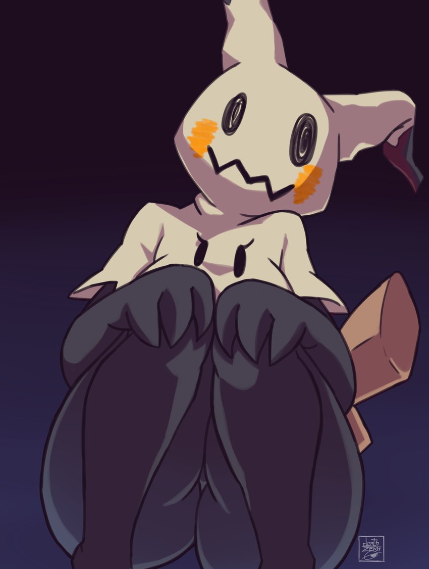 anthro anthrofied big_butt black_body black_eyes bottomless breasts butt clothed clothing female fingers front_view hand_on_knee hand_on_leg hands_on_knees hands_on_legs hands_on_own_knees hands_on_own_legs looking_at_viewer partially_clothed pokemorph simple_background sitting smile solo text thick_thighs deathzera nintendo pokemon generation_7_pokemon mimikyu pokemon_(species) 2023 artist_name digital_media_(artwork) hi_res watermark