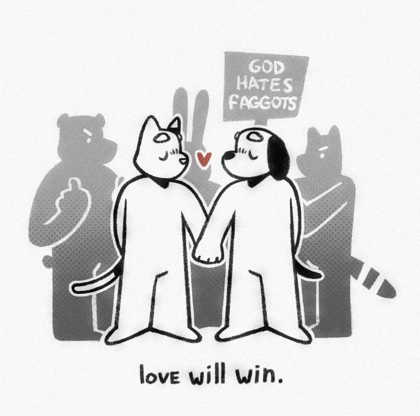 anthro biped fur group hand_holding heart_symbol homophobia homophobic_slur looking_at_another looking_at_partner male romantic romantic_couple text white_body white_fur soulfullhyena bear canid canine canis domestic_cat domestic_dog felid feline felis lagomorph leporid mammal procyonid rabbit raccoon 2024 english_text hi_res