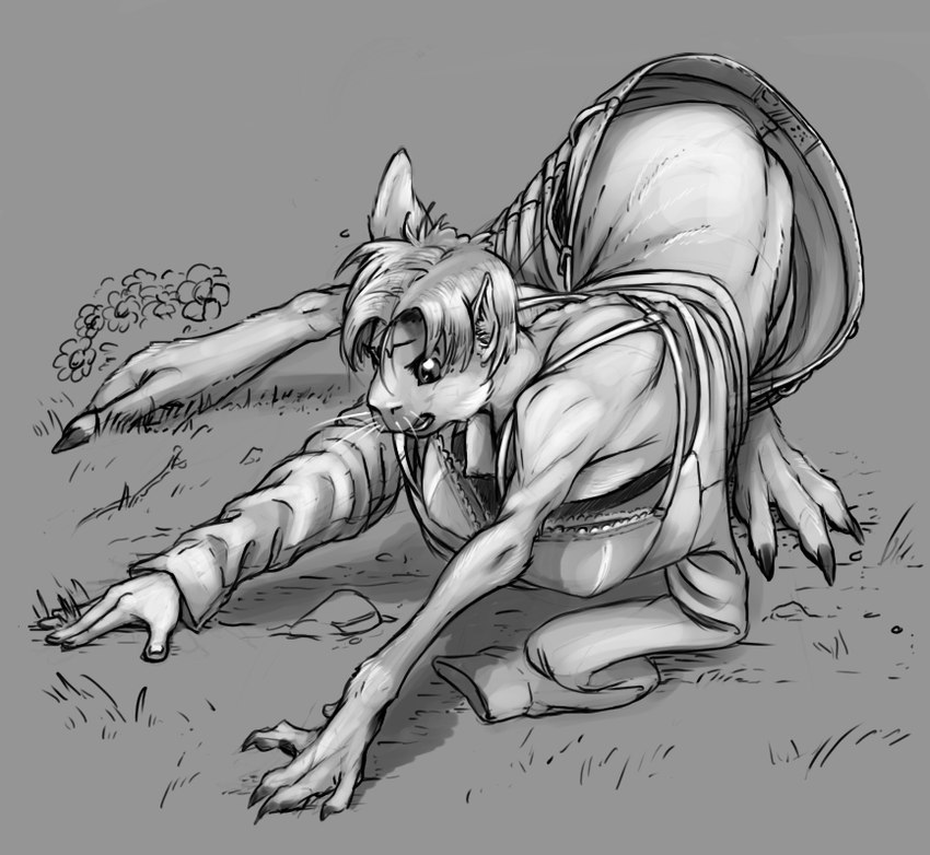 bottomwear breasts clothing female grass hair human_to_feral nipples open_mouth pants plant shirt solo species_transformation topwear transformation comictf caviid human mammal mara_(genus) patagonian_mara rodent 2020 monochrome