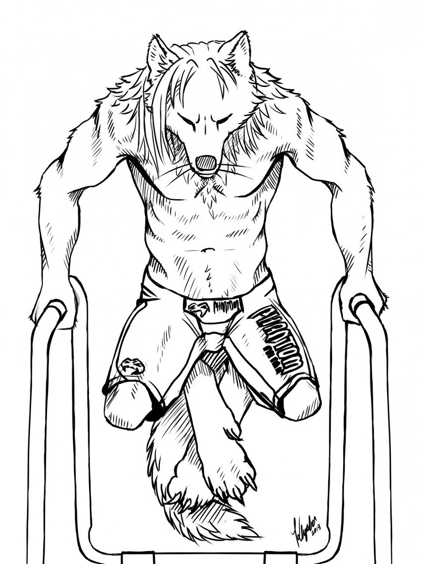 anthro barefoot bottomwear cheek_tuft clothed clothing eyes_closed facial_tuft feet front_view hair male mouth_closed navel shorts simple_background solo tail topless tuft whiskers khyaber mythology canid canine canis mammal mythological_canine mythological_creature were werecanid werecanine werewolf wolf 2013 hi_res monochrome signature