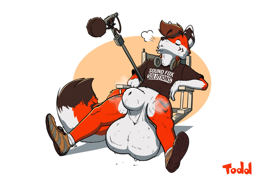 animal_genitalia anthro balls big_balls bodily_fluids clothing electronics fur genitals headphones huge_balls hyper hyper_balls hyper_genitalia looking_relieved male pose sheath solo spread_legs spreading steam sweat tiedernas dox_drakes canid canine fox mammal