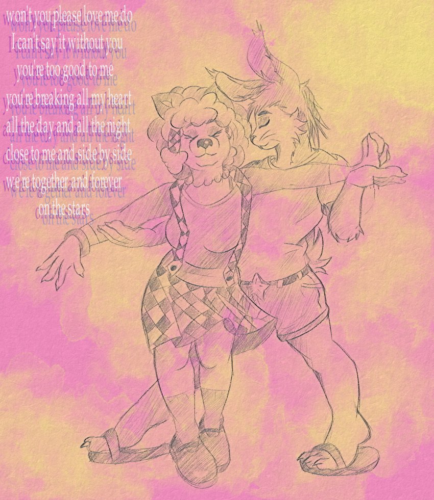 abstract_background anthro dancing duo female king_rhyner lyrics male text lazy_ruby magdaleine alexa_jaeger bulldog canid canine canis domestic_dog lagomorph leporid mammal mastiff molosser poodle rabbit hi_res