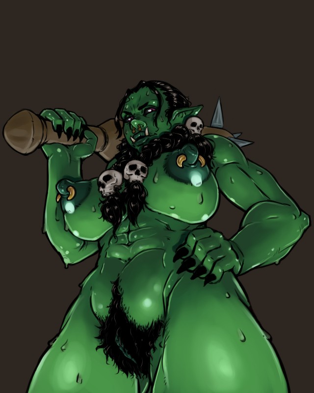 5_fingers abs areola big_breasts big_nipples big_pubes black_hair black_sclera bodily_fluids bone braided_hair breasts club_(weapon) erect_nipples facial_piercing female fingers genitals green_body green_skin hair hand_on_hip holding_object humanoid_pointy_ears kanabō looking_at_viewer melee_weapon muscular muscular_female muscular_humanoid navel nipple_piercing nipples nose_piercing nose_ring not_furry nude nude_female nude_humanoid piercing pointy_ears pubes purple_eyes pussy ring_piercing skull solo spiked_club sweat weapon shadowmist humanoid orc 2015 hi_res