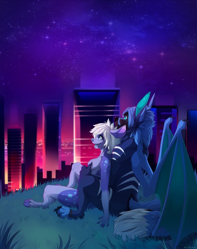 anthro breasts duo female male nude outside romantic romantic_couple smile synthwave wings chloe-dog phawn phoxxy bat canid canine cervine deer fennec_fox fox mammal true_fox absurd_res digital_media_(artwork) hi_res shaded