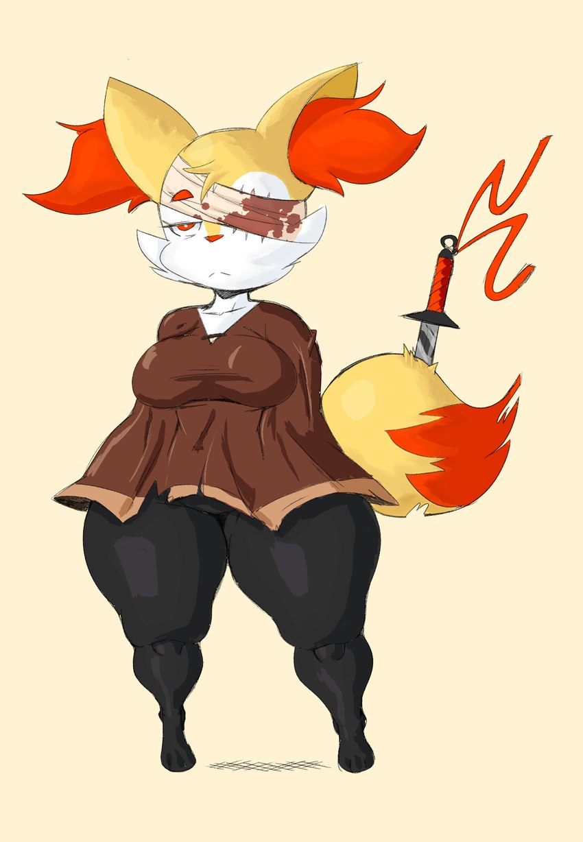 anthro barefoot black_body black_fur blood bodily_fluids clothing feet female fluffy fluffy_tail fur huge_thighs melee_weapon orange_body orange_eyes orange_fur scar solo sword tail thick_thighs weapon white_body white_fur yellow_body yellow_fur anonymous_artist purple_yoshi_draws dingaling_productions lisa_the_joyful lisa_the_painful nintendo pokemon buddy_armstrong braixen canid canine fox generation_6_pokemon mammal pokemon_(species) 2023 digital_media_(artwork) hi_res