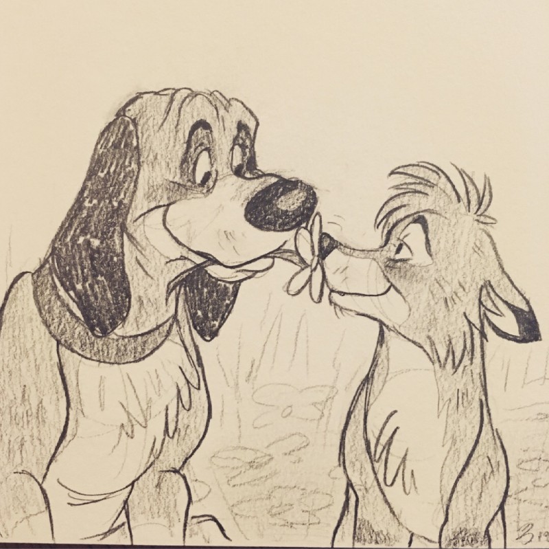 black_ears black_nose collar duo feral flower male object_in_mouth plant smile meertak disney the_fox_and_the_hound copper_(tfath) tod_(tfath) canid canine canis domestic_dog fox hunting_dog mammal red_fox scent_hound true_fox signature traditional_media_(artwork)