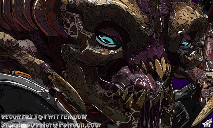 ambiguous_gender bodily_fluids brain cybernetics feral gore looking_at_viewer machine not_furry open_mouth organs simple_background solo teeth tongue smashed_(artist) doom_(series) id_software microsoft arachnotron cyberdemon cyborg demon hybrid monster 5:3 digital_media_(artwork) hi_res widescreen