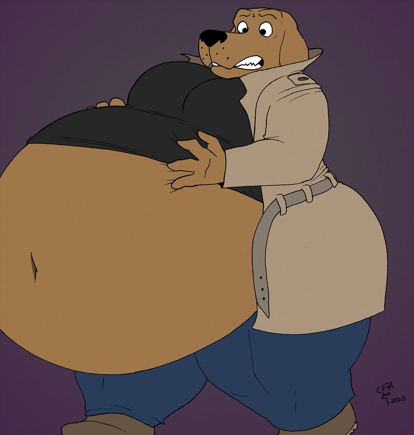 4_fingers anthro belly big_belly big_butt black_clothing black_nose black_shirt black_topwear blue_bottomwear blue_clothing blue_pants bottomwear brown_belly brown_body brown_fur butt clothing coat exposed_belly fingers footwear fur hand_on_belly hand_on_own_belly huge_belly hyper hyper_belly looking_down_at_self male navel obese overweight pants purple_background shirt simple_background solo teeth thick_thighs topwear trenchcoat cleverfoxman mcgruff_the_crime_dog bloodhound canid canine canis domestic_dog hunting_dog mammal scent_hound 2020 hi_res