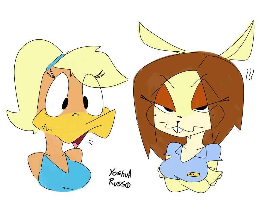 alternate_species blonde_hair blue_hairband breasts brown_hair duo female hair simple_background white_background yoshua_russo looney_tunes the_looney_tunes_show warner_brothers lola_bunny tina_russo anatid anseriform avian bird duck lagomorph leporid mammal rabbit hi_res