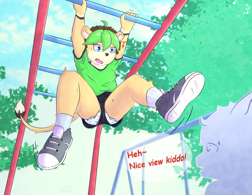 accident accidental_exposure anthro blue_eyes clothing diaper embarrassed front_view fur kemono male monkey_bars open_mouth playground pull-ups_(diaper) solo surprise tan_body tan_fur teasing young young_anthro luce_bontemps raiki felid feline lion mammal pantherine hi_res