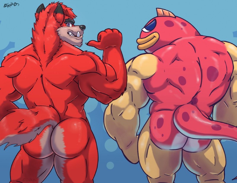 anthro big_muscles butt duo looking_at_viewer looking_back male muscular muscular_male nude rear_view 1397_david kemoteto_yakuza_project puyo_puyo sega reddy_(kbh_yeen) suketoudara canid canine canis fish mammal marine wolf 2018