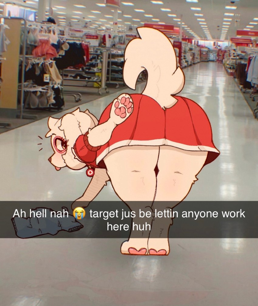 anthro bent_over big_butt blush butt clothing collar dress emoji eye_patch_(marking) facial_markings female female_anthro floppy_ears fur hair head_markings looking_back lop_ears markings mascot patch_(marking) pawpads paws photo_background red_clothing red_dress solo tail text thick_thighs tongue tongue_out tuft white_body white_fur white_tail wide_hips unattendedmilk snapchat target_corporation spot_(jayrnski) bird_dog canid canine canis domestic_dog hunting_dog mammal spaniel 2024 digital_media_(artwork) english_text hi_res photography_(artwork)