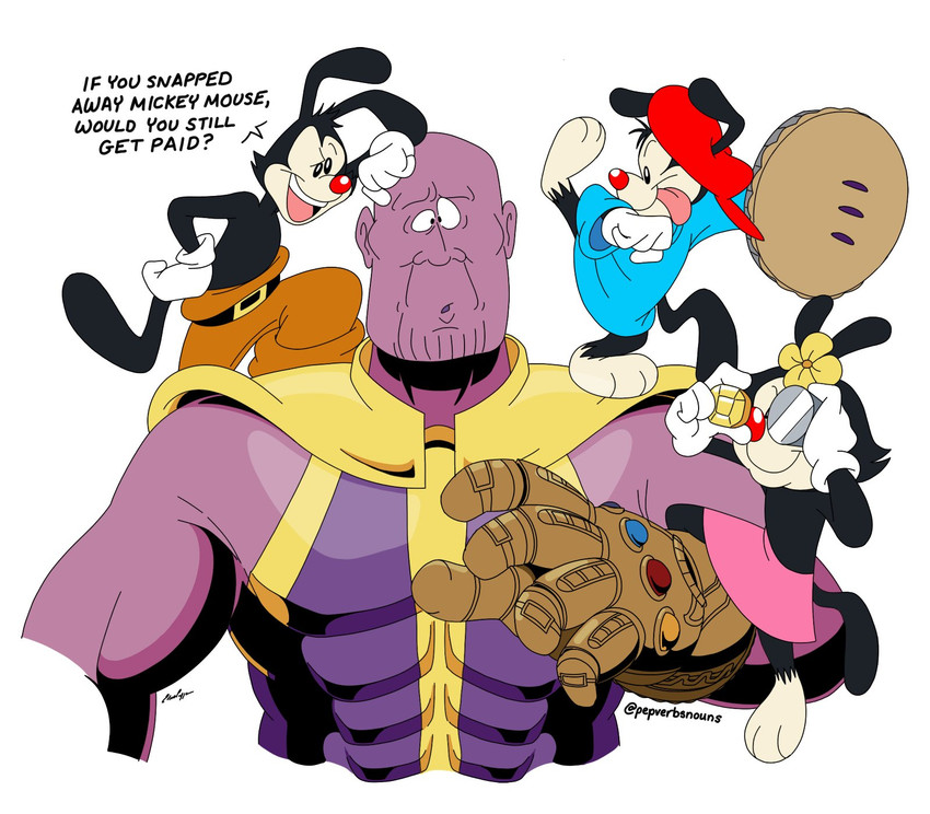 abs anthro black_body black_fur clothing dessert dialogue female food fur group infinity_gauntlet male open_mouth open_smile pastry pie power_stone_(marvel) purple_body purple_skin reality_stone_(marvel) simple_background smile soul_stone_(marvel) space_stone text tongue tongue_out pepverbsnouns animaniacs animaniacs_(2020) hulu marvel warner_brothers dot_warner thanos wakko_warner yakko_warner humanoid inkblot mammal 2020 crossover english_text hi_res