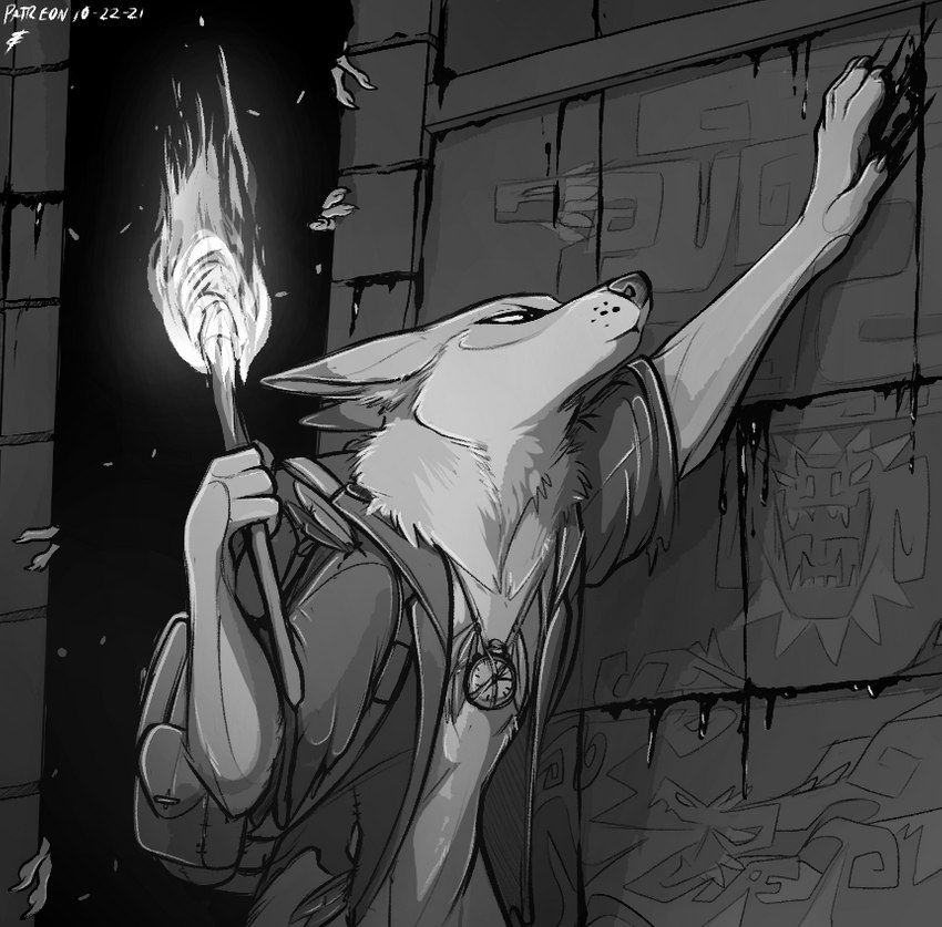 anthro being_watched clothed clothing creepy detailed_background fur group holding_object holding_torch jewelry looking_at_another necklace solo_focus standing topwear torch lizet piper_(lizet) canid canine canis coyote mammal 2021 dated monochrome