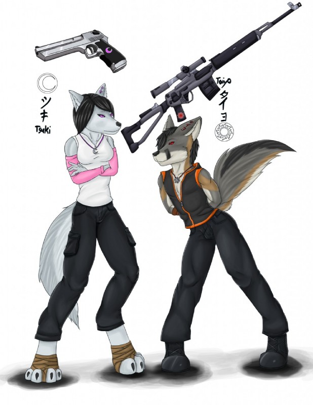 4_toes anthro bandage black_hair black_tail brown_body brown_fur brown_tail clothing desert_eagle duo feet female fur grey_body grey_fur grey_tail gun hair handgun jewelry male multicolored_tail necklace no_sclera pink_eyes pistol purple_eyes ranged_weapon red_eyes regalia rifle scope simple_background sniper_rifle standing tail toes weapon white_background white_body white_fur howlfeiwolf taiyo tsuki canid canine canis fox mammal wolf 2016 hi_res model_sheet watermark