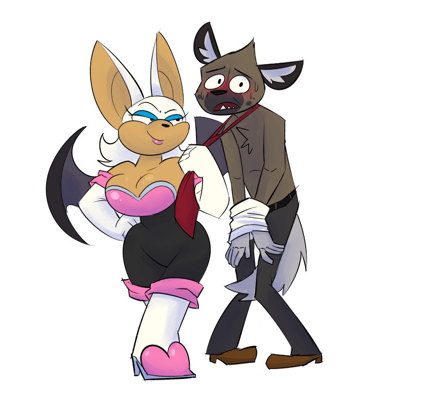 anthro armwear boots breasts cleavage clothed clothing duo elbow_gloves female footwear fur gloves half-closed_eyes handwear high_heeled_boots high_heels male male/female narrowed_eyes naughty_face necktie shoes simple_background tan_body tan_skin white_background wings rusheloc aggretsuko sanrio sega sonic_the_hedgehog_(series) haida_(aggretsuko) rouge_the_bat bat hyena mammal spotted_hyena crossover