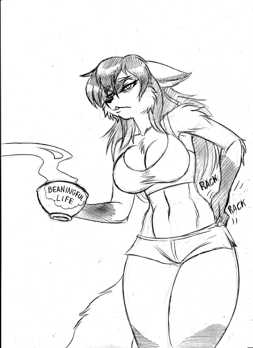 anthro big_breasts bottomwear breasts cleavage clothed clothing coffee_cup container crop_top cup ears_down female gloves_(marking) hair hand_on_hip hotpants leg_markings long_hair markings midriff pivoted_ears scratching scratching_butt shirt shorts socks_(marking) solo steam tank_top tired topwear chochi canid canine fox mammal 2023 absurd_res black_and_white graphite_(artwork) hi_res monochrome sketch traditional_media_(artwork)