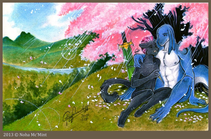 abs anthro cherry_blossom claws duo flower hair male male/male melee_weapon muscular muscular_male nipples nude outdoor_nudity outside pecs plant prunus_(flower) romantic romantic_couple smile sword tail weapon noha final_fantasy square_enix thrakos bangaa felid feline mammal scalie 2013 traditional_media_(artwork)