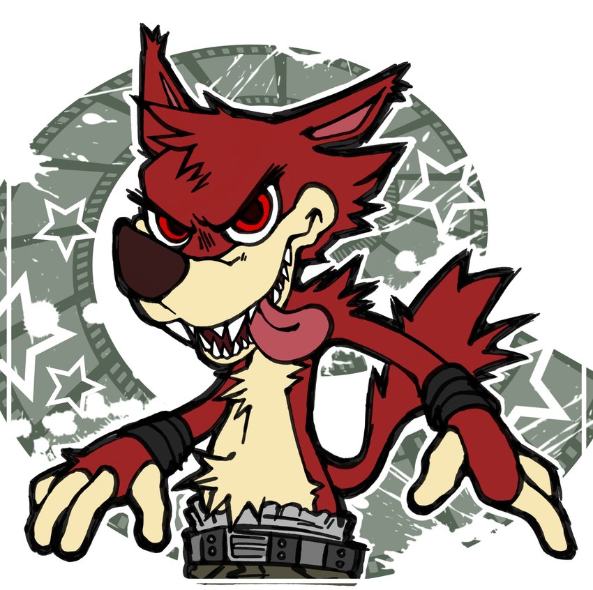 alternative_fashion anthro belt bottomwear bracelet clothed clothing fangs film_strip fur jewelry looking_at_viewer male pants punk red_body red_eyes red_fur sharp_teeth simple_background smile solo spiky_fur star_polygon tail tan_body tan_fur teeth tongue tongue_out topless goodbye_yokai atlus go!_go!_hypergrind sega decker canid canine canis mammal wolf absurd_res hi_res