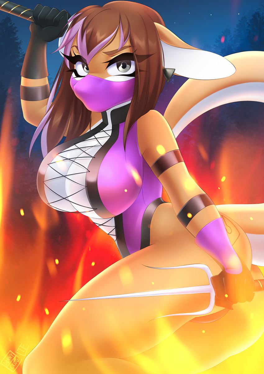 5_fingers anthro breasts brown_body brown_eyebrows brown_hair cleavage clothed clothing ear_piercing eyebrows female fingers fire hair holding_object holding_weapon looking_at_viewer mask night outside piercing plant sai solo star tree weapon dannyckoo tresertf mortal_kombat mileena kangaroo macropod mammal marsupial 2020 hi_res