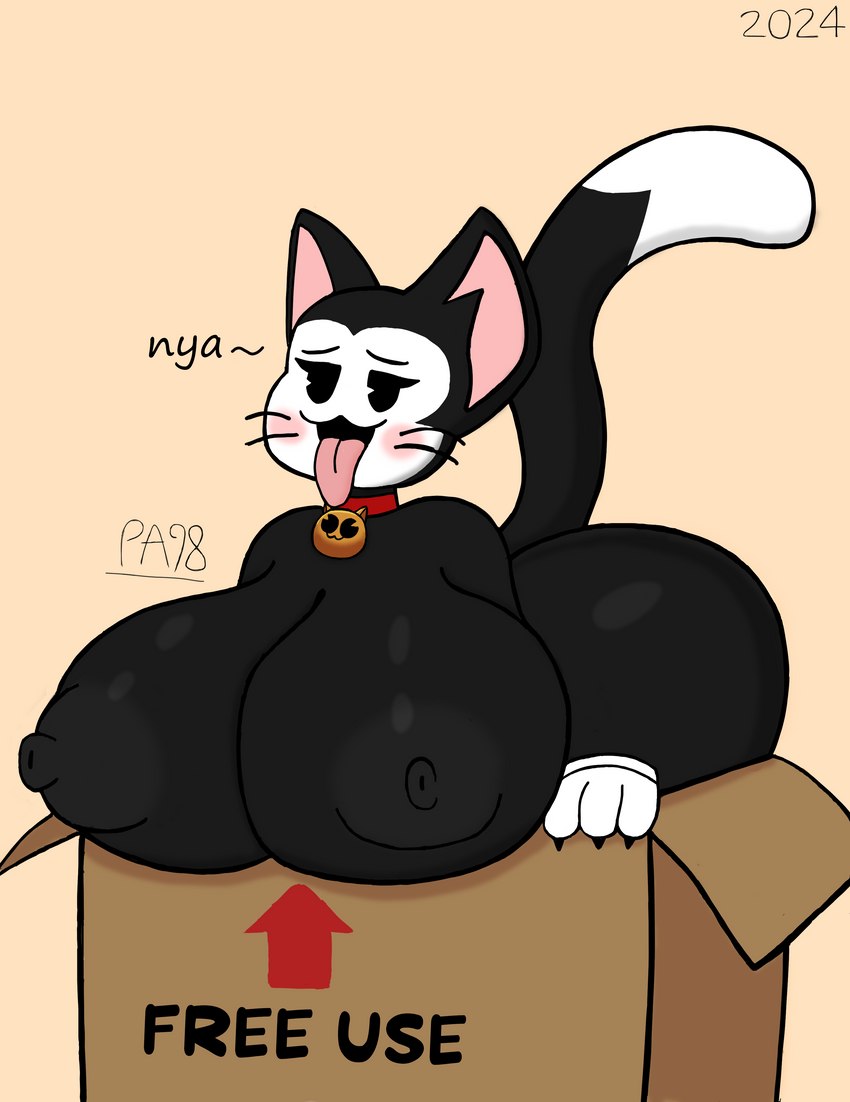 anthro bell bell_collar black_body black_fur box breasts cartoon_eyes cartoon_gloves collar container crossgender female fur grey_nipples nipples solo tail white_body white_fur paladyart98 brawl_stars supercell_(company) kit_(brawl_stars) domestic_cat felid feline felis mammal absurd_res hi_res