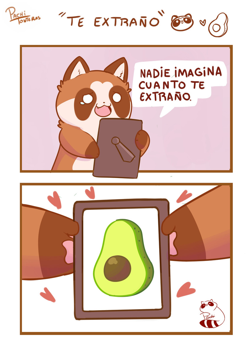 anthro avocado biped bodily_fluids brown_body brown_fur food fruit fur heart_symbol paws plant solo tears text pachi_mapache mammal procyonid raccoon 2021 absurd_res comic hi_res spanish_text translated