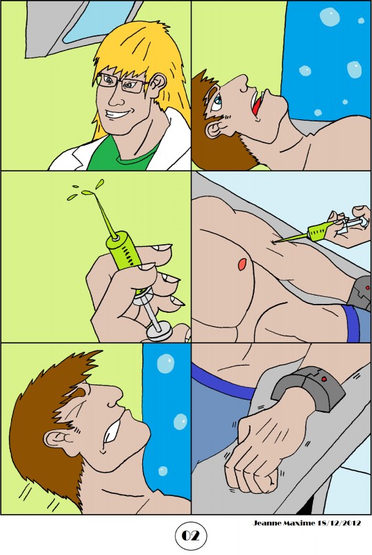 eyewear glasses human_only imminent_transformation injection male muscular nipples not_furry transformation transformation_through_injection maxime-jeanne crocodile crocodilian human mammal reptile scalie 2012 absurd_res comic hi_res